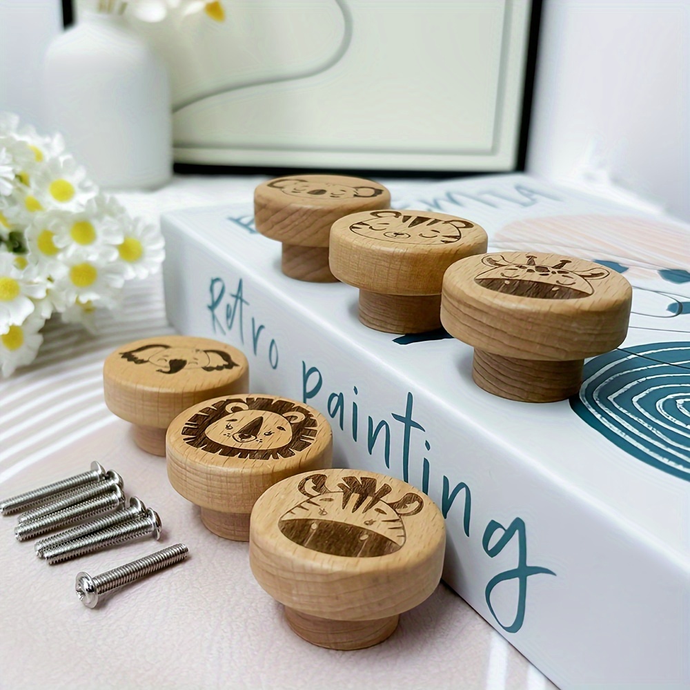 

6pcs Set Of Handcrafted Wood Knobs With Cute Animal Engravings - Polished , Includes Screws For - Dressers & Kitchen Cabinets, -safe Furniture Handles, Knobs For Cabinets