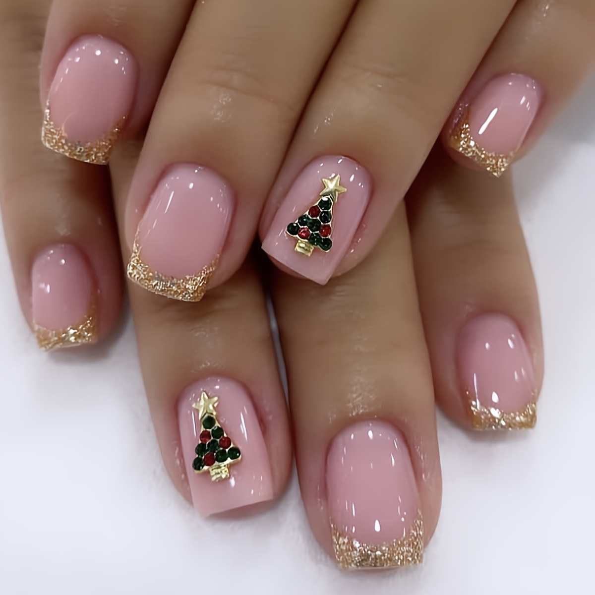 

24pcs Festive Pink French Tip Press-on Nails With Glitter Accents And Christmas Tree Adornments, Medium Length, Glossy Full Coverage Nail Set For Women And Girls