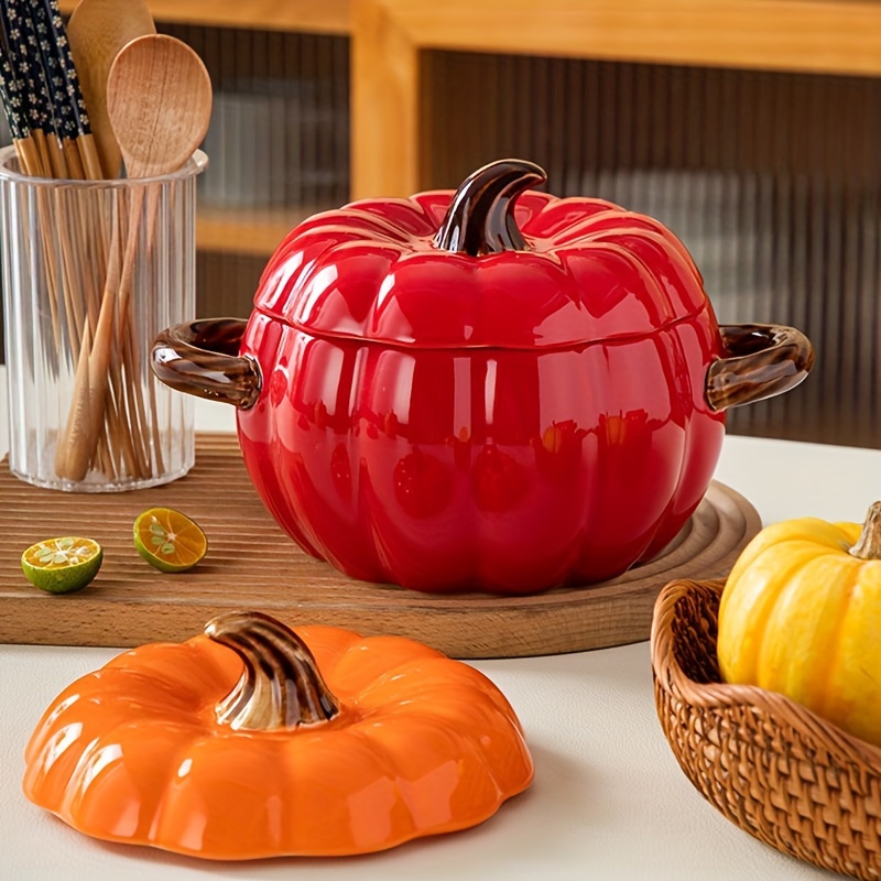 large pumpkin shaped ceramic soup pot with lid dual handle dishwasher safe   stew salad ideal halloween christmas and new year gift in red orange   details 12