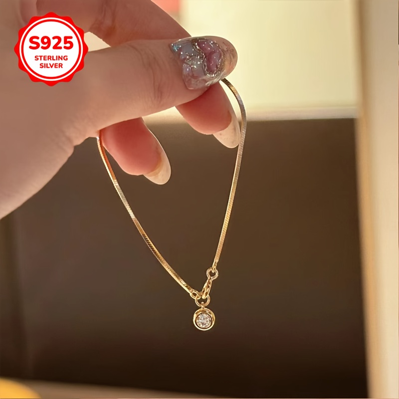 925 Silver Round Pendant Bracelet with Zirconia Snake Bone Chain