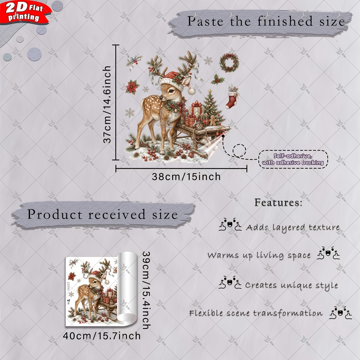 TEMU 2d Flat - 2d Flat - 1pc 2d Flat Printing Christmas Deer Sleigh Gift Christmas Tree Snowflake 40 X 40cm Window Sticker Creative Self-adhesive