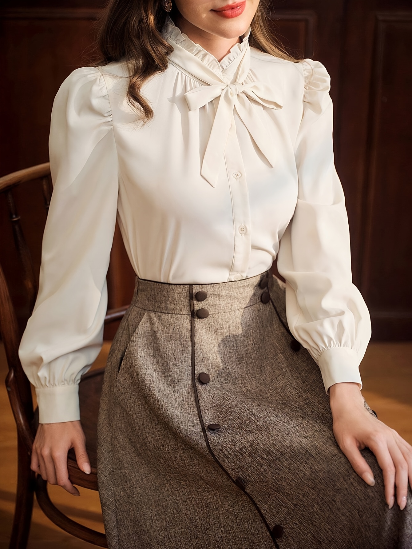 vintage elegant women's blouse high turtleneck bow tie Temu