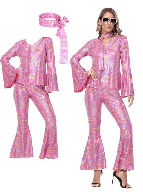70s and 80s hippie performance outfits senior disco role play costumes new halloween costumes v neck party performance sets shiny bell sleeve gowns and gold foil bell pants with headband sets for parties