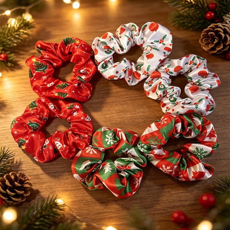 TEMU 6pcs New Christmas Satin Scrunchies, High-end Satin Christmas Themed Printed Hair Ties For Women, Ponytail Holders, Hair Accessories