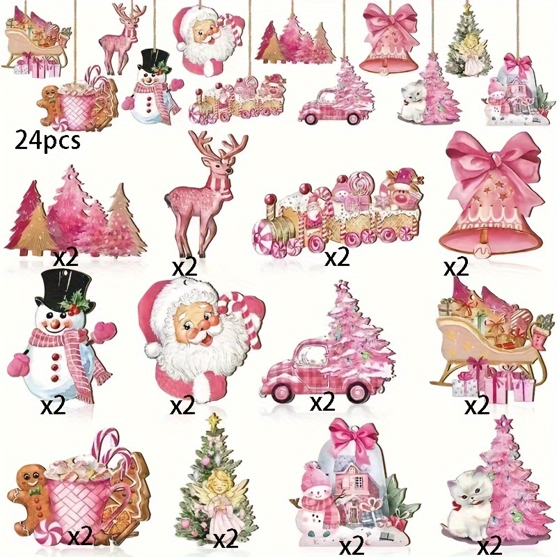 TEMU 24pcs Pink Christmas Tree Ornaments Snowman, Bells, Santa Claus Holiday Atmosphere Decorations Perfect Christmas Gift Decorations