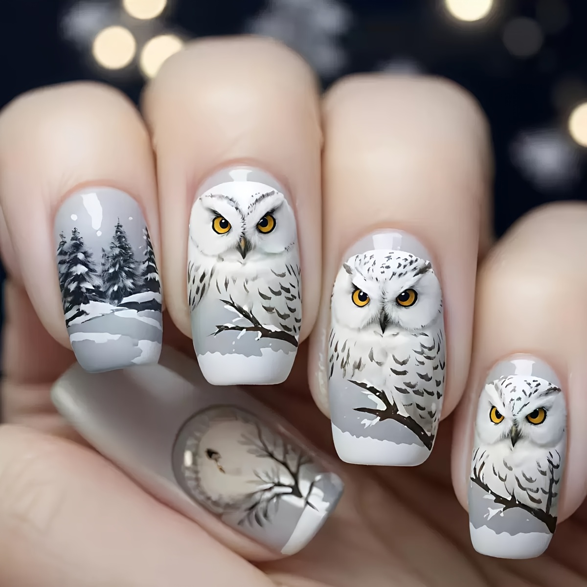 TEMU Christmas Short Length 24pcs Glossy Effect Owl Pattern Fake Nails Christmas Tree Nail Stickers Convenient Removable Reusable Wearable Nails Nail