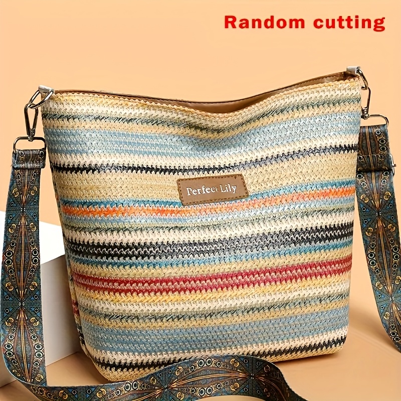 E-shop Böhmische gestreifte Damen Tote Bag - Große gewebte Schultertasche mit verstellbarem Riemen, Reißverschluss und mehreren Fächern für Arbeit,