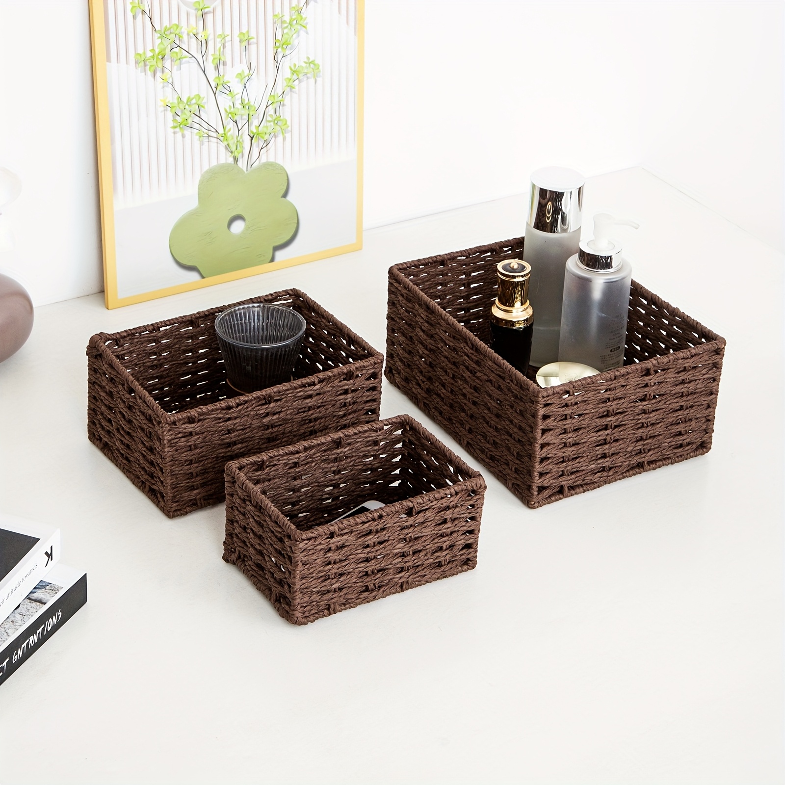 TEMU A Set Of 3 Woven Storage Baskets For Home Use, Paper Rope, Unlined, Suitable For Storing On The Desktop, In The Wardrobe, Living Room, Or