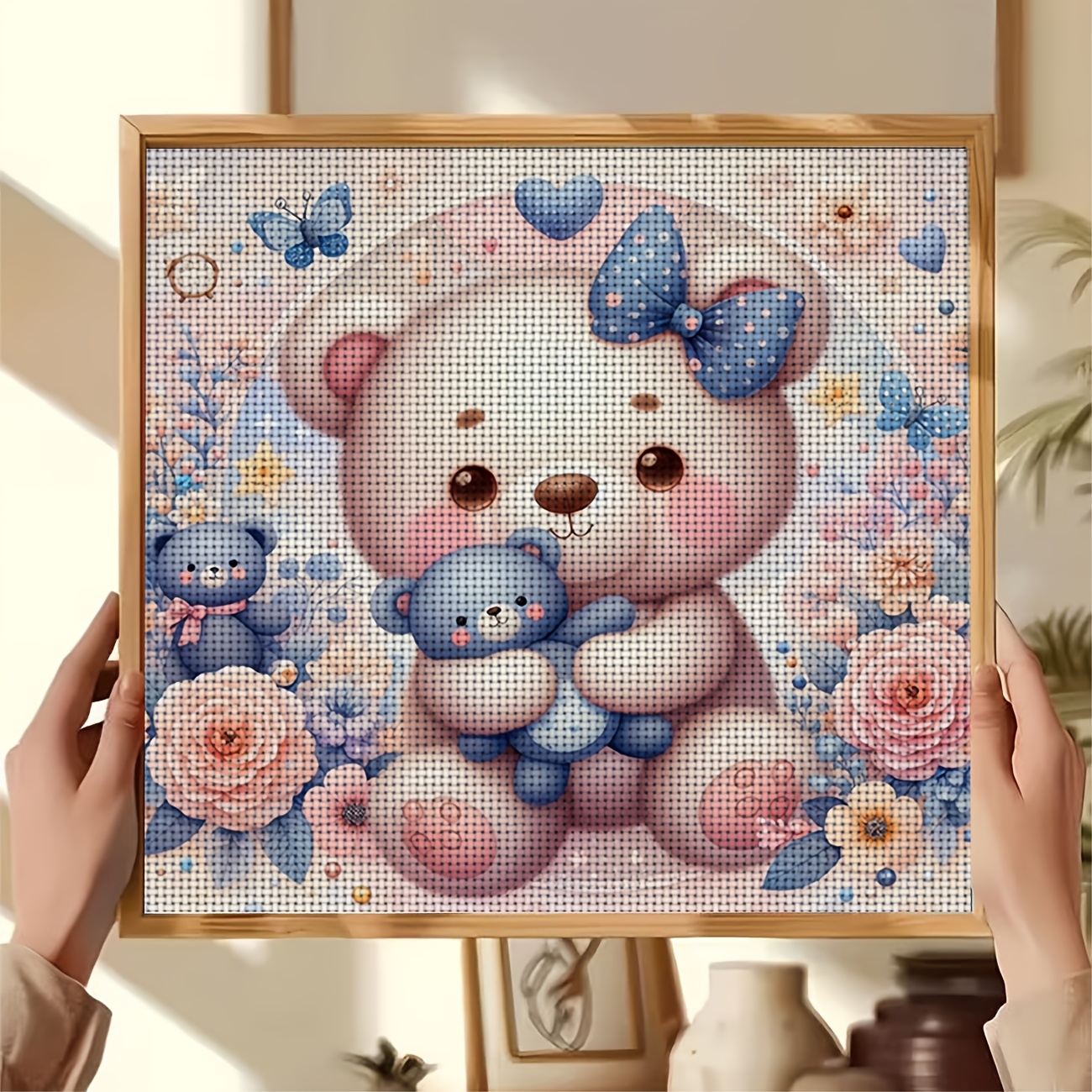 DIY Cross-Stitch Printed Kit, White Bear Hugging a Blue Cub Design