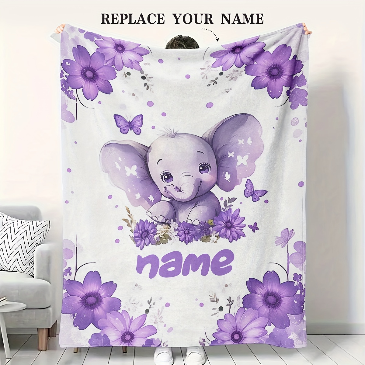 

1pc Customizable Elephant Blanket - Soft Flannel, Personalized Name , Cozy , Ideal Gift For - Purple , Cozy 's Throw|floral Blanket|plush