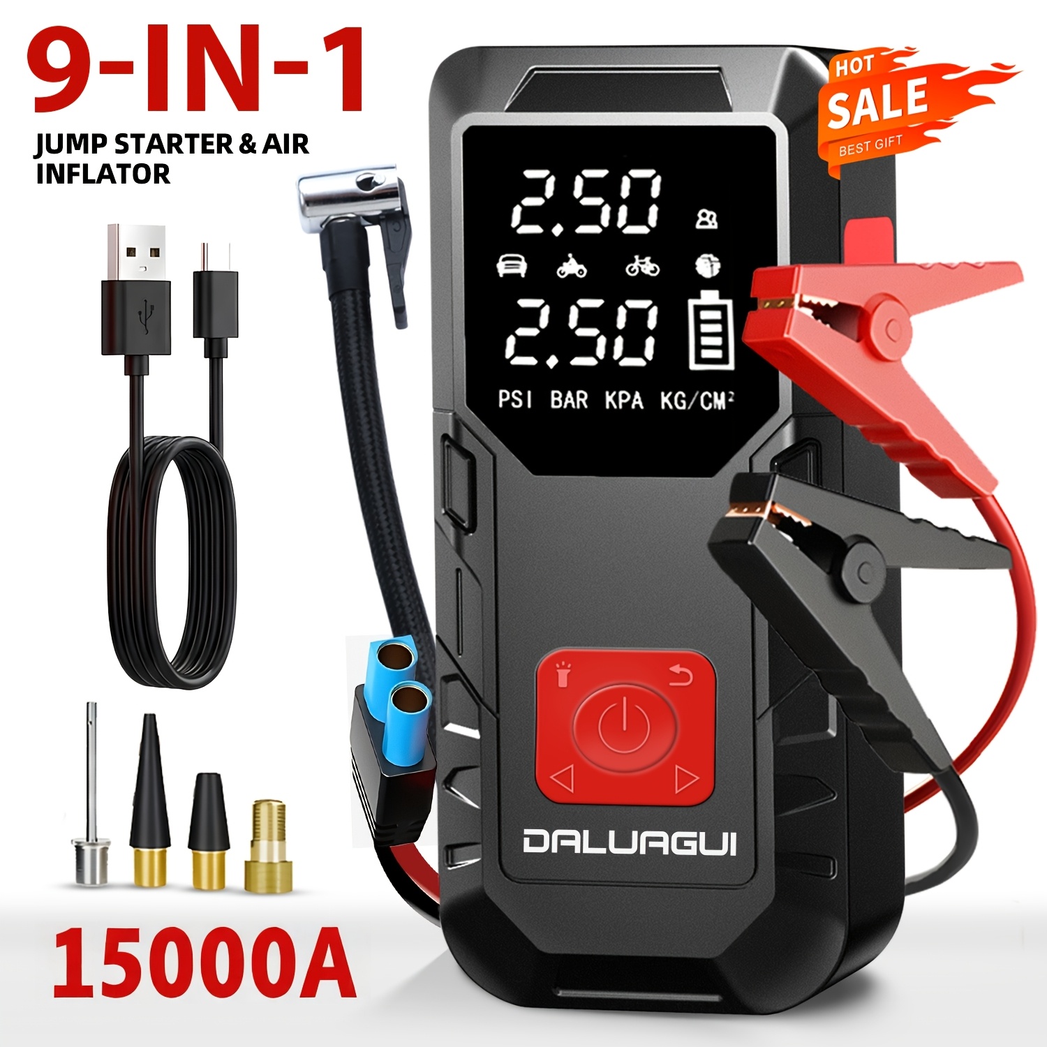 Car Emergency Starter With Air Pump, 9-in-1, Led Lighting + 150psi Inflation Function, Compatible With 15000a 9l Gasoline And 10l , In Multiple , Handles Everything From Car Tires To , For Men
