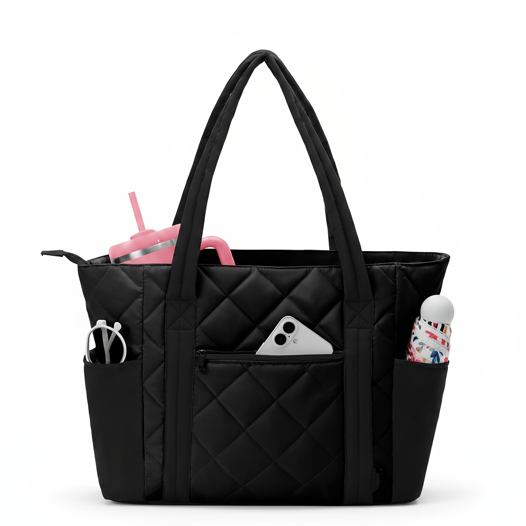 Image of Puffer Work Laptop Tote With Zipper, Lightweight Shoulder Bag, Quilted Square Handbag For Work, Travel, School, Office, And Gym