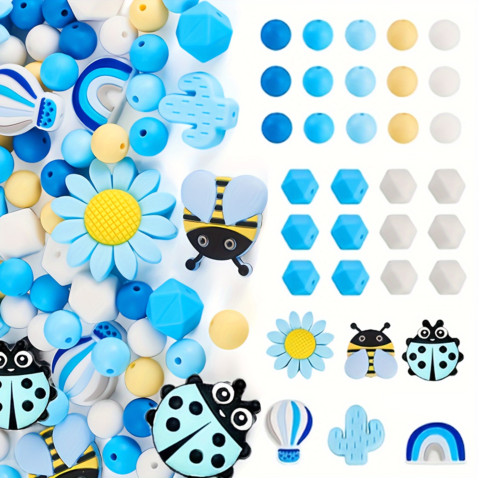 

41pcs Blue Silicone Beading Keychain Jewelry Making Kit, 12mm Round Beads With Cactus, Sunflower, Bee, Ladybug Charms For Diy Beaded Decors Crafting Supplies