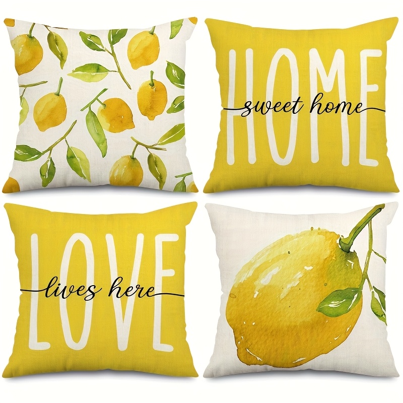 E-shop 4er-Set dekorative Kissenbezüge mit Zitronen- & Zitronenmotiv – Moderner Landhausstil, geeignet für Wohnzimmer-Sofakissen, Reißverschluss, gelbe
