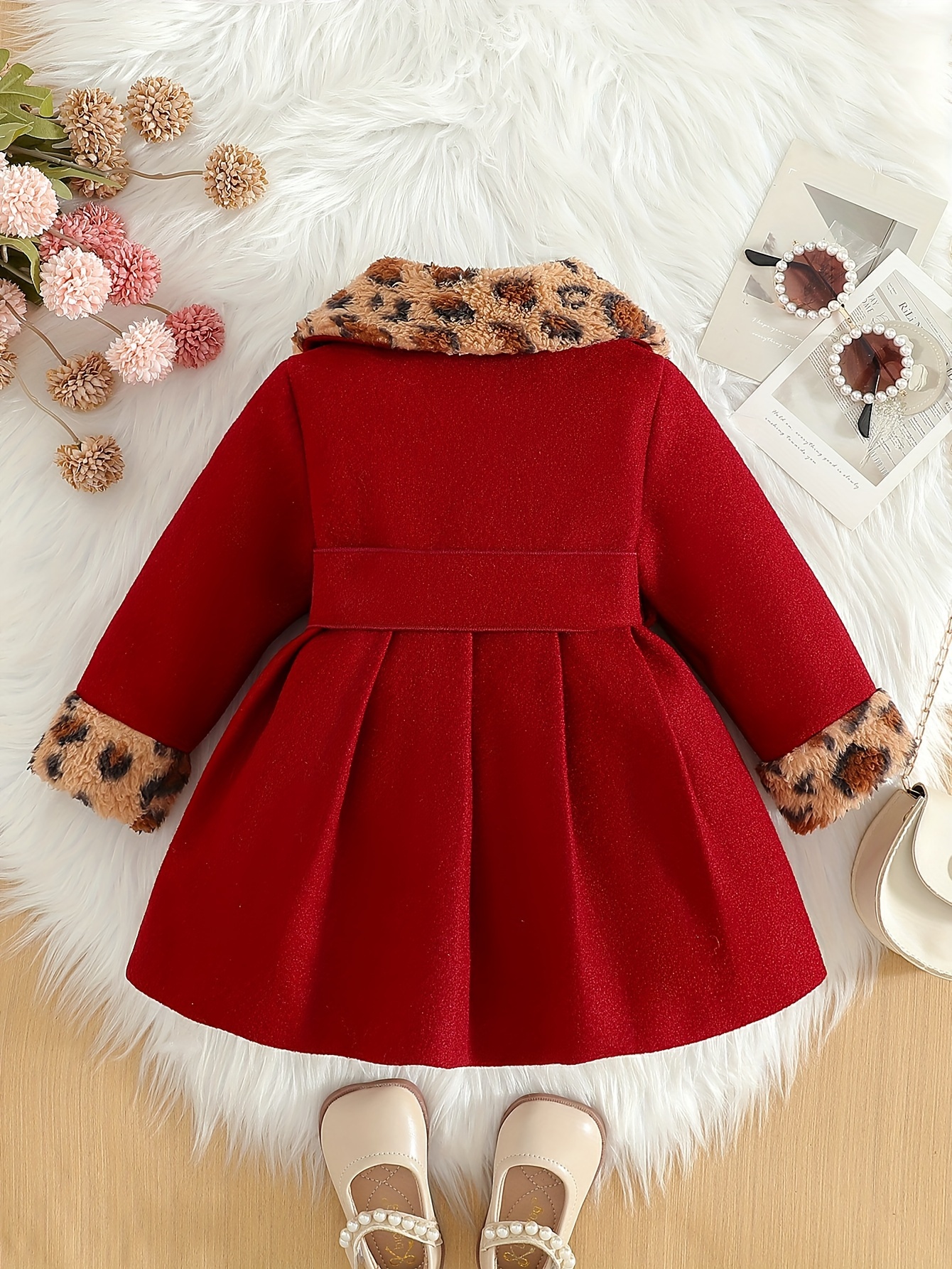 Baby Girl'S Autumn Winter Coat Red Solid Color with Leopard Print Plush  Lapel, White Button Front Bow Detail, Long Sleeves School Holiday