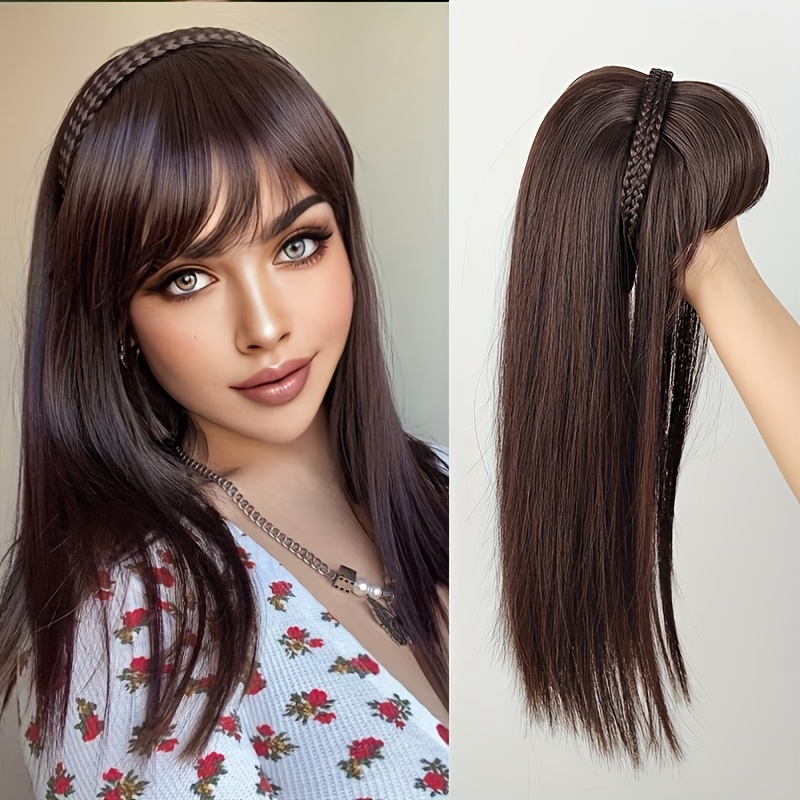 TEMU Women's Chunliazi Synthetic Straight Hair Wig With Top Headband & Bangs Suitable For , Look Braids, Volume Hairpiece For, Braided Wig For Daily