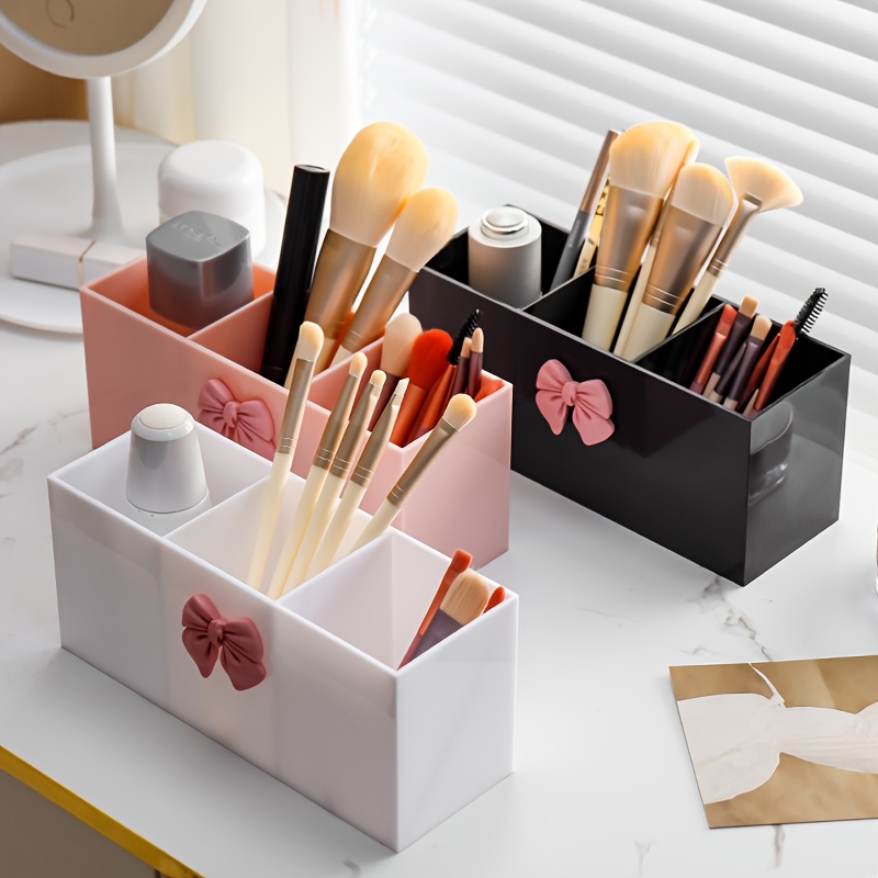 1pc 3 compartment makeup brush storage box eyebrow pencil and lipstick storage rack small display box suitable for bathroom bedroom pink bow black home storage box Product details 1