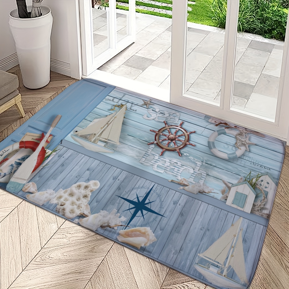 

Nautical Welcome Door Mat - Sailboat & Rudder Design, Non-slip, Machine Washable, Polyester, Perfect For Indoor/outdoor Use