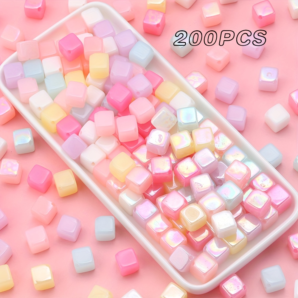 

200pcs Candy Color Acrylic Cube Beading Diagonal Hole, Plated Color Beading, Matte Beading Mixed Pack, Diy Handmade Jewelry Necklace Bracelet Accessories Production Supplies