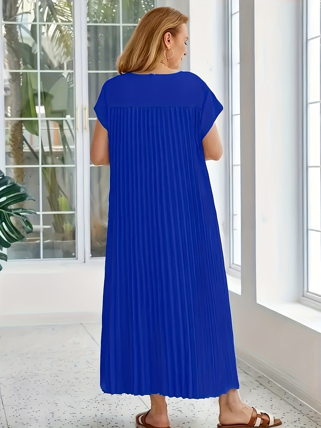 Women'S Stylish Navy Blue Maxi Dress - Casual Crew Neck, Polyester * Tunic  with Ruched Detail * Adult, Casual Attire|Ruched Detail Dress|Polyester ...