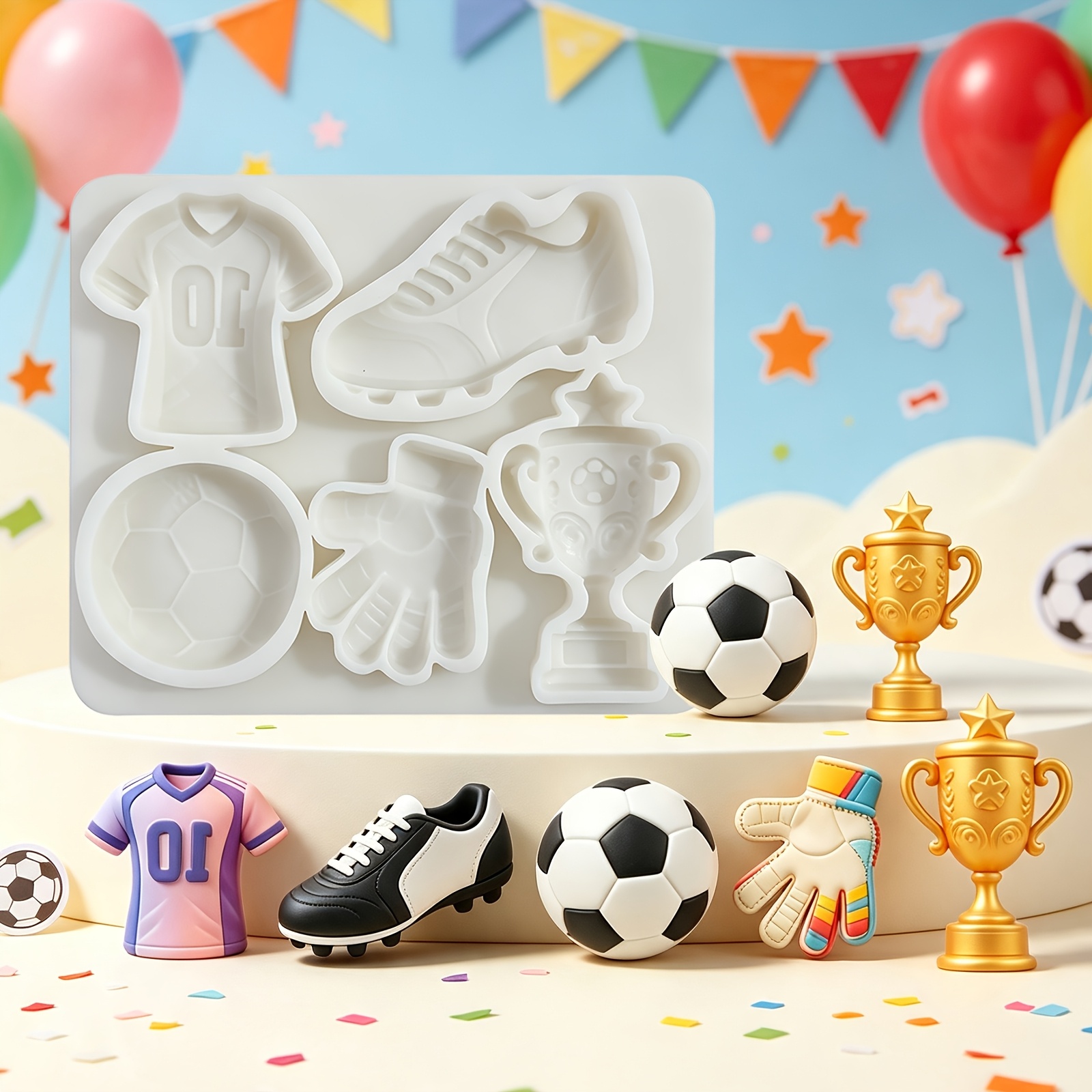 TEMU 1pc Chocolate Cake Decoration Fondant Mold For Football Shoes Championship Trophy, Football Goalkeeper Candy Silicone Mold, Heat-resistant And