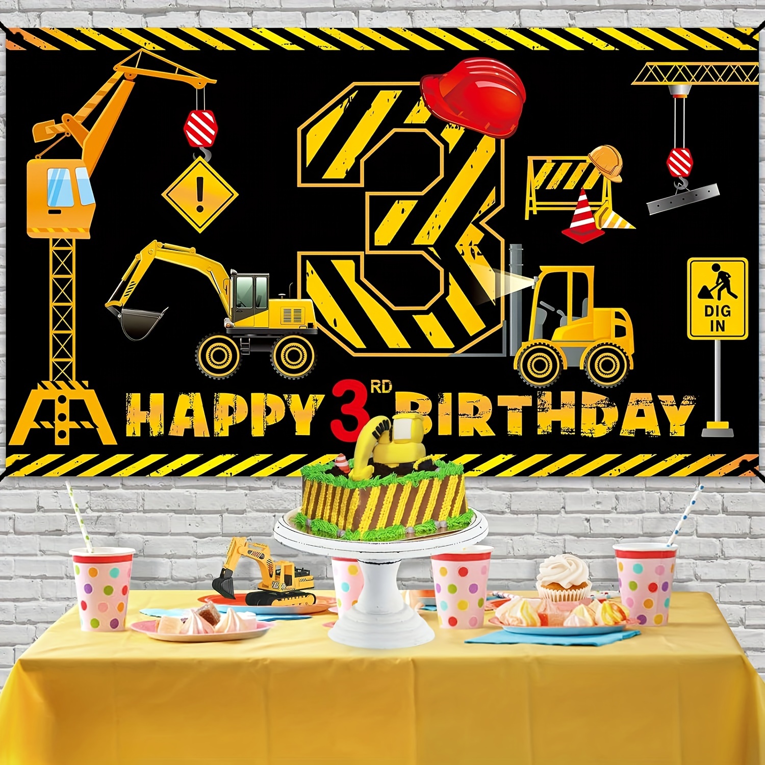 1pc, Boy Building Third Birthday Banner Decoration, Dump Truck Building  Theme Third Birthday Background Party Supplies, Excavator Crane Excavator  Thre