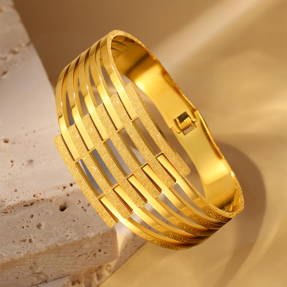 Image of 1 Elegant Stainless Steel Bracelet - Wide Sleeve , Complex Grille Design, Perfect For Men And Women, Ideal Party Jewelry Gift, Gift Item | Complex Grille Pattern | Durable Bracelet
