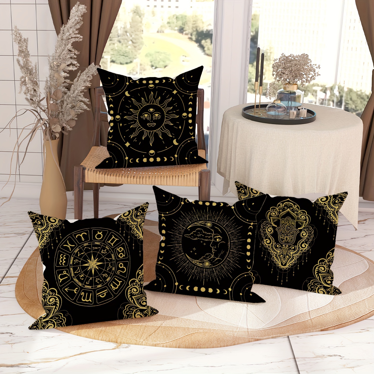 

Bohemian Velvet Throw Pillow Covers Set Of 4 - Sun, Moon, And Constellation Patterns In Black And Gold, 18x18 Inch, Zipper Closure, Machine Washable, For Living Room And Bedroom Decor