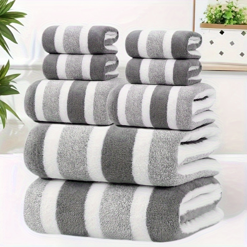 TEMU 8pcs Set- Super Absorbent And Ultra Soft Hotel Striped Towel Set, Including 2 Large Towels, 2 Large Face Towels, And 4 Hand Towels, Suitable For