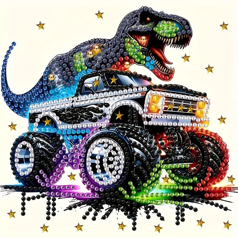 Image of 5d Diamond Painting Kit - Dinosaur Truck Design, 7.87x7.87 Inches, Irregular Diamonds, Frameless Wall Decor, Creative Gift For , Brand New Set