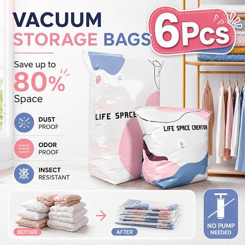 6pcs pump free compression storage bags reusable no vacuum for clothes comforters quilts bedding compress travel organizer with air medium large size for suitcase dorm room moving seasonal wardrobe storage