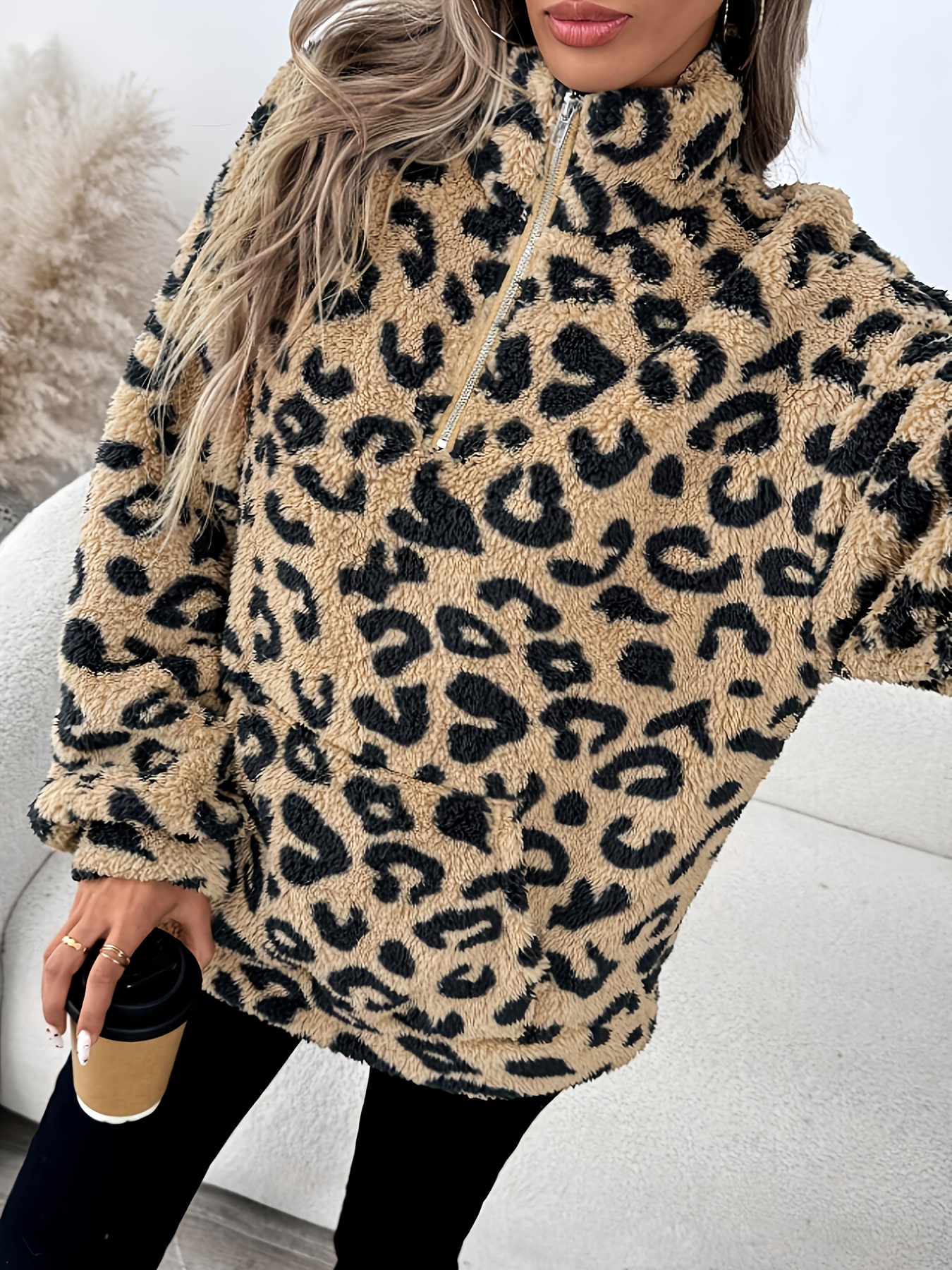 womens leopard print half zip sweatshirt cozy fleece lined pullover with pockets long sleeves and front zipper   fall winter   casual   print top fleece lined sweatshirt light brown 1 4