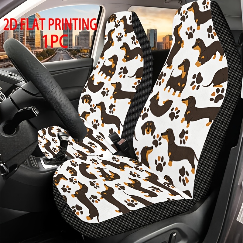 TEMU 2d Flat Printing, 1pc Universal Car Seat Cover Featuring A Black Dachshund And Brown Paw Print Pattern, Designed Specifically For Front Seats. A