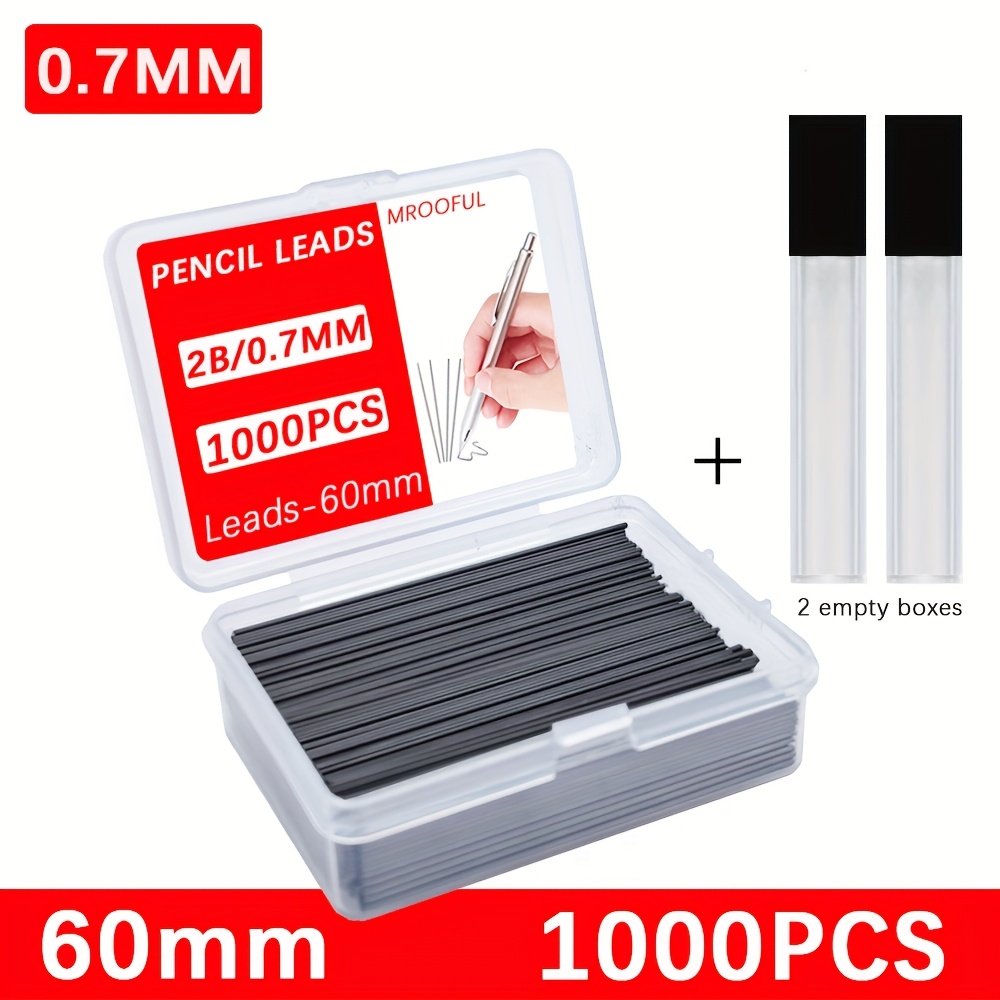TEMU 1000pcs/box 0.5 0.7mm Large Capacity Automatic Pencil Lead 2b Replaceable Moving Lead Smooth Writing Drawing 6cm Length Free 2pcs Empty Tubes