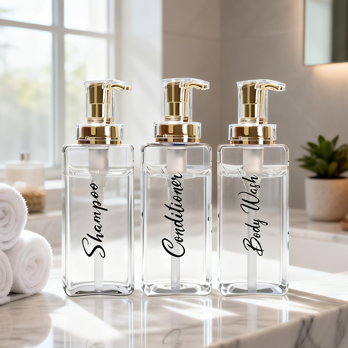 3pcs Set Bathroom Dispensers For Shampoo, Body Wash, And Conditioner | Plastic Floor-mounted, 500ml/16oz Each, Decorative Liquid Storage Containers