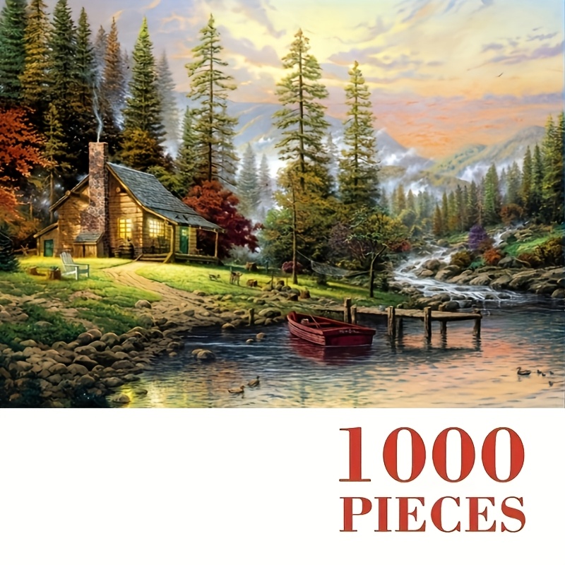 

1000pcs Scenic Landscape Oil Painting Puzzle - High-quality, & Seamless Adult Jigsaw - | Cabin & Nature Scene With Sunset Sky, Mountains, And Water , Landscape Decor