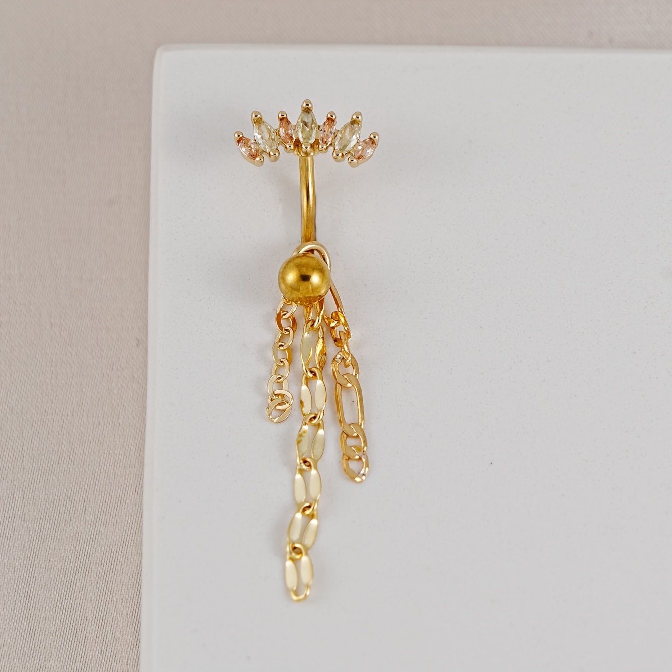 TEMU 1pc Pierced Navel Ring With Leaf Inlay, Featuring A Colorful Synthetic Synthetic Zirconia Tassel Chain Pendant, Versatile For Daily Wear And