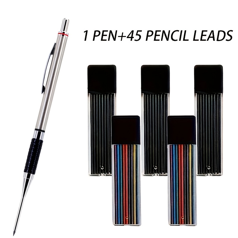 TEMU Deep Hole Marking 2.0 Mm Automatic Pencil Set (1pc Pen And 45pcs Pencil Core Optional Black/color), 32 Mm Long Mouth Design, Suitable For