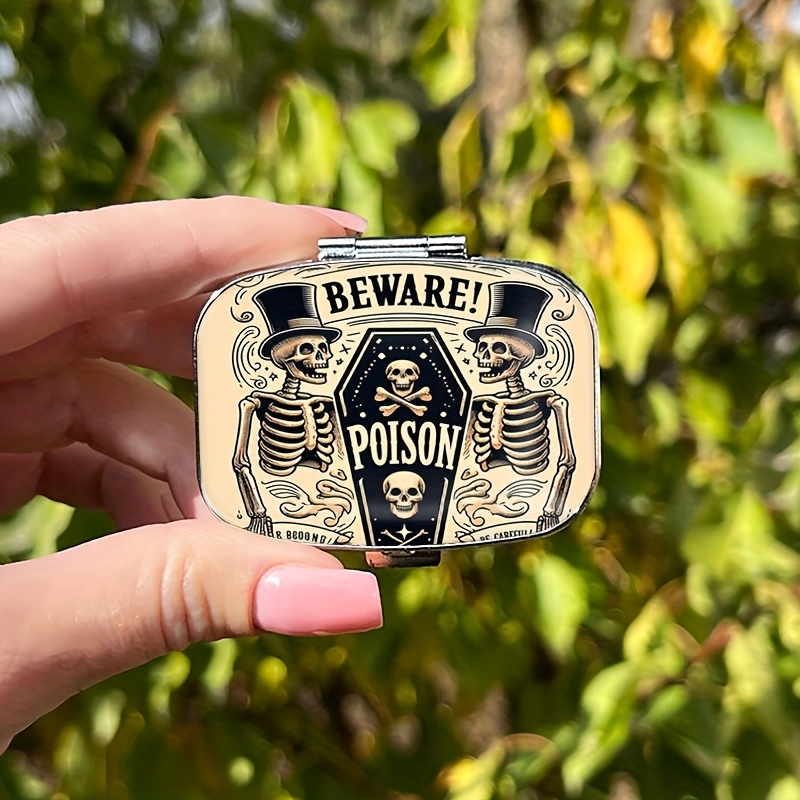 

1pc Vintage Warning "beware " Mini Metal Pill Box, 2-compartment Vintage Medicine Organizer, Portable Travel Pill Case, Unique Gift With For Pockets, Purses