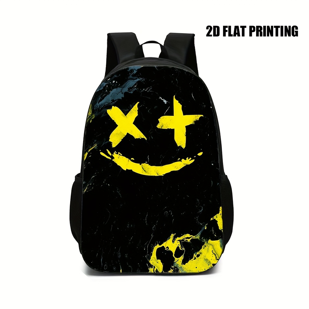 stylish printed school backpack for students lightweight oxford bookbag with main compartment side water bottle pockets adjustable shoulder straps cute casual   for teens boys and girls black with yellow accents school essentials bag cartoon print backpack oxford material bag backpack for school 0