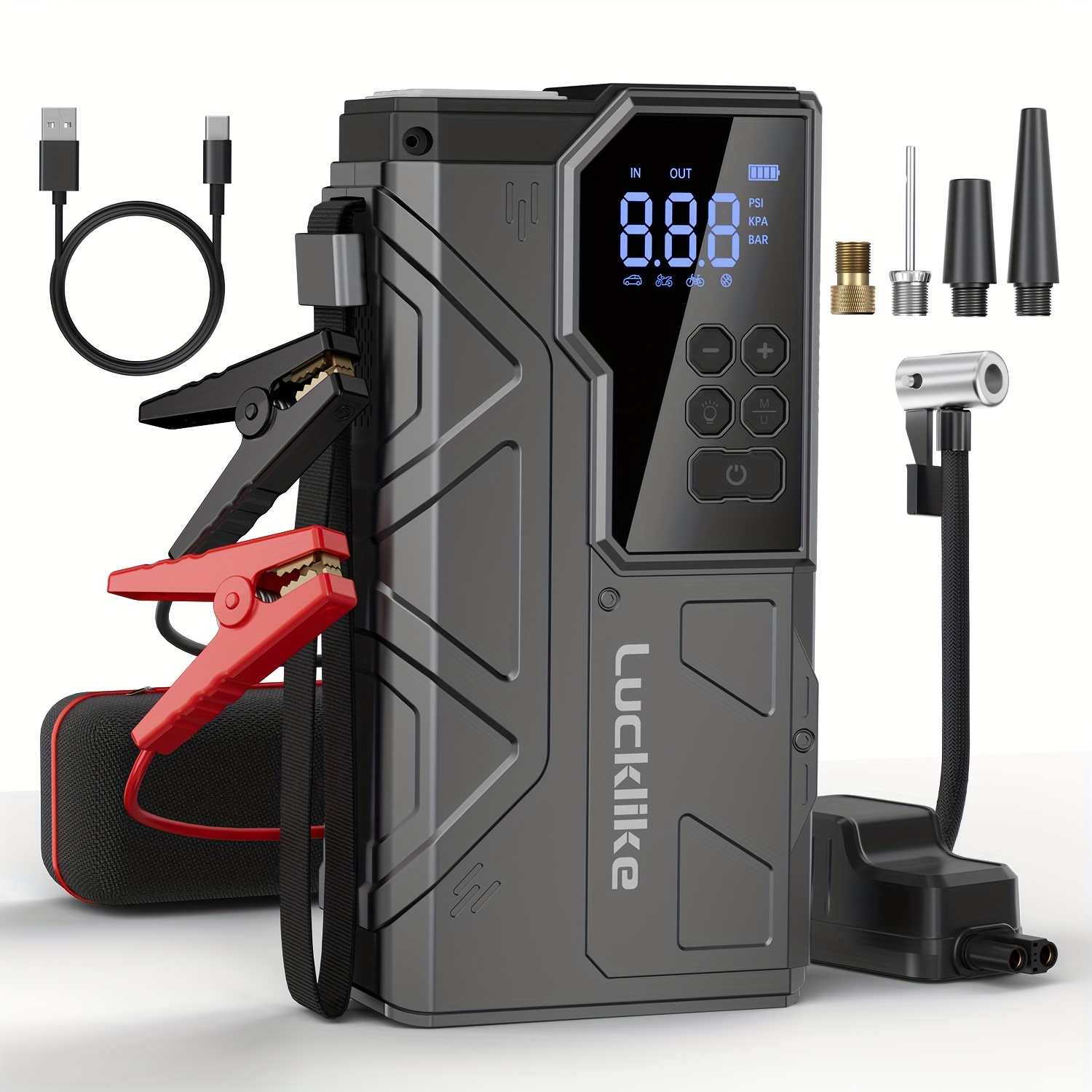 

Lucklike Portable Car Jump Starter With Air Compressor, 150psi/ 2500a Car Battery Jump Pack (8.0l Gas/6.5l Diesel), 12v Car Battery Jumper Starter Portable Jump Box With Screen Display