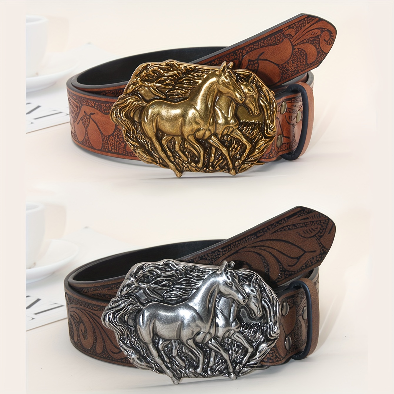 1pc Women\'s Western Cowgirl Style Pu Belt With Horse Head Buckle Rebellious Rose | Accessories | Pc Womens Western Cowgirl  main image 2
