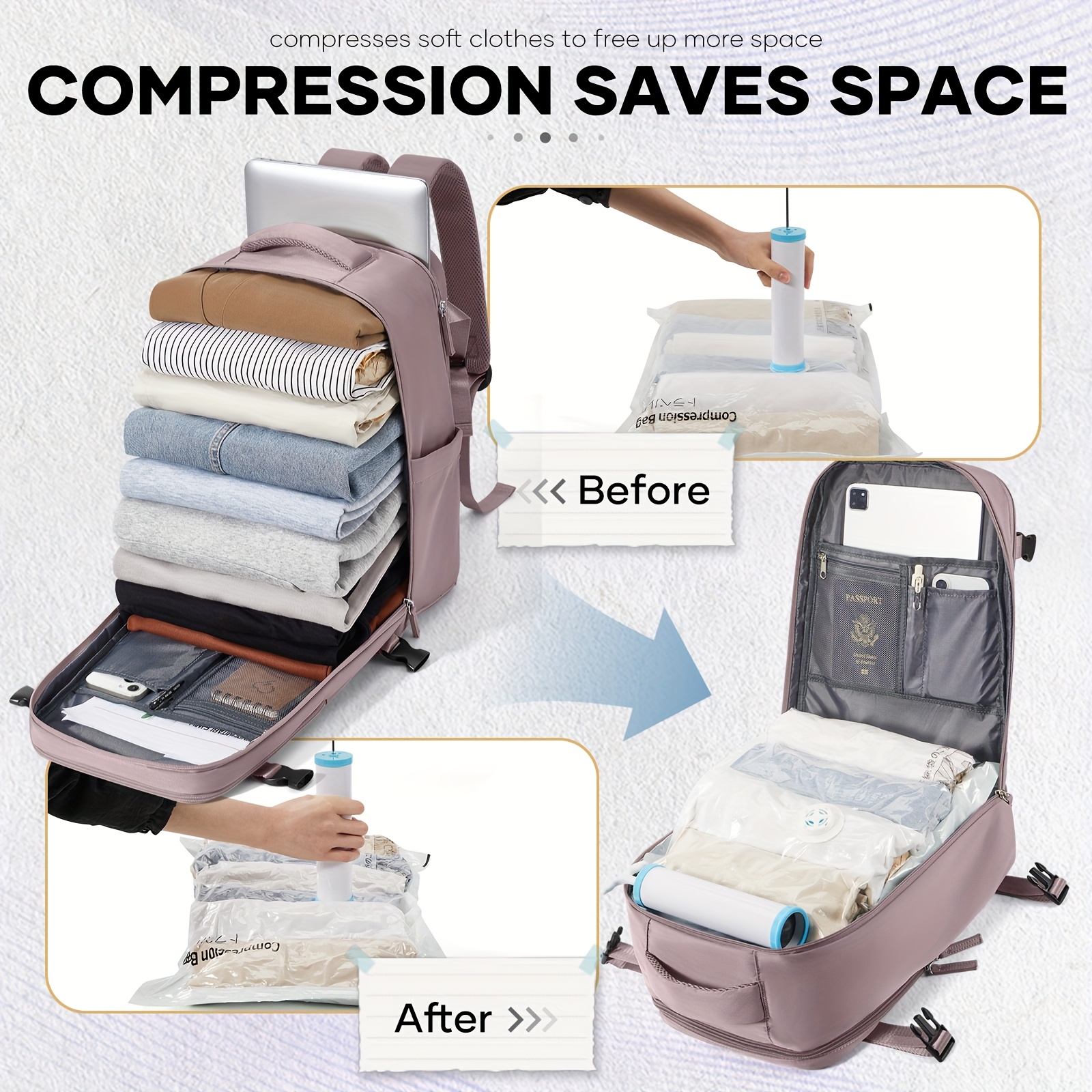 Bolso de Duffel para viaje, bolso de luggage 40*25*20, aprobado para vuelos, multifuncional, bolso de espalda para mujeres, bolso de compresión al vacuum con pulverizador al vacuum, artifato libre, reducción de espacio al 50%, combinación con esentiales para viaje familiar