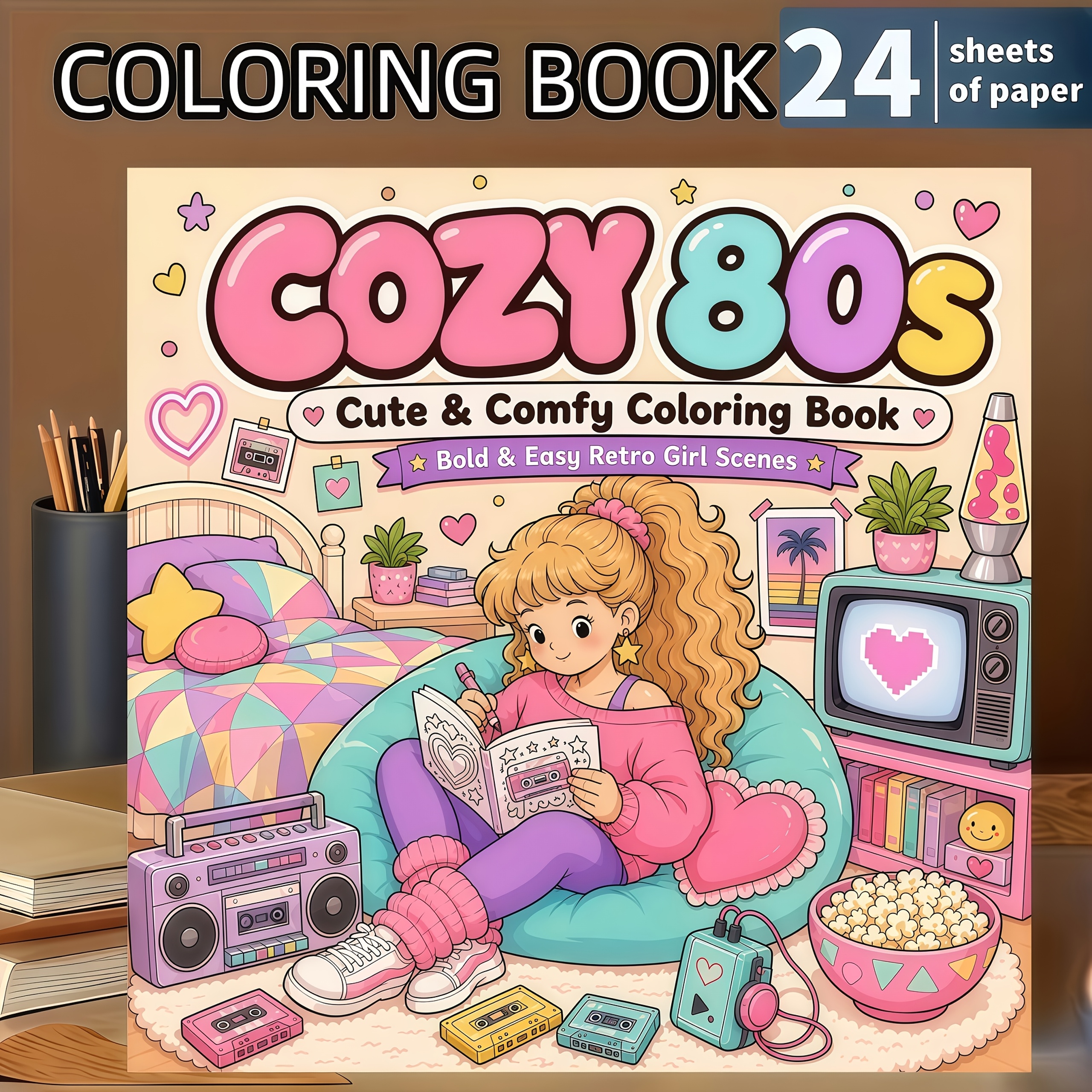 TEMU 1 Vintage 80s Cozy Girl Coloring Book, 24 Single-sided Pages Featuring 80s Nostalgic Home Scenes, Vintage Cassette Tape Tv Elements, And Cute