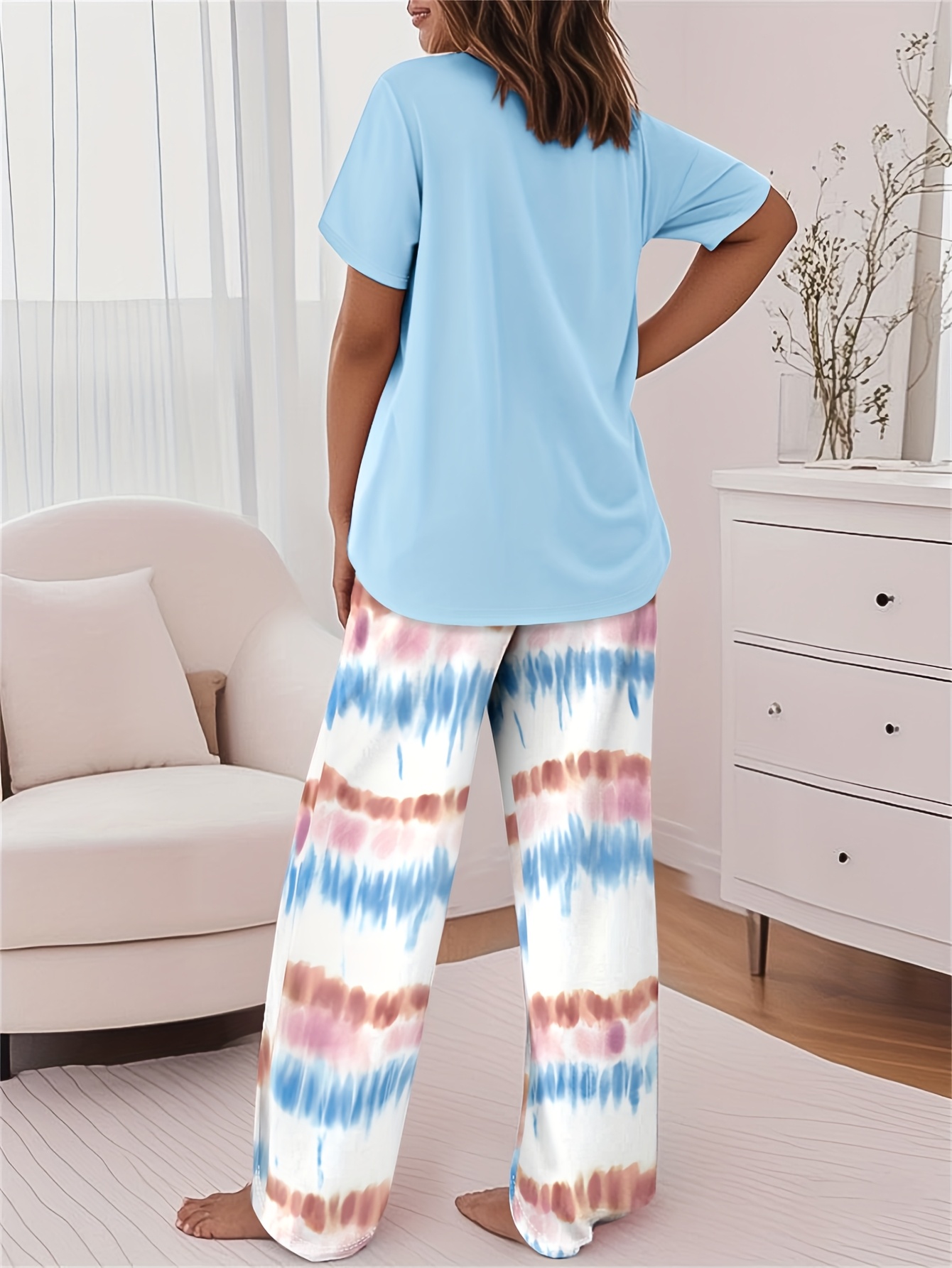 2pcs printed round neck short sleeve set gradient printed loose pants womens summer pajama set breathable   clothing two piece set Product details 2