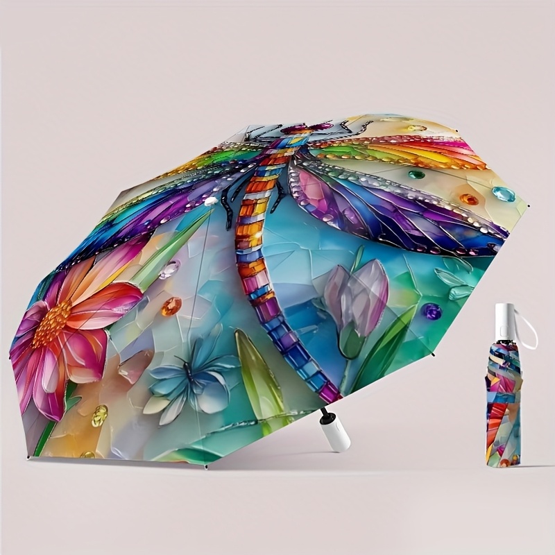 A Foldable, Automatic 3d Dragonfly Umbrella With Colorful Flower And , Portable And Ideal As A Wonderful Party Gift
