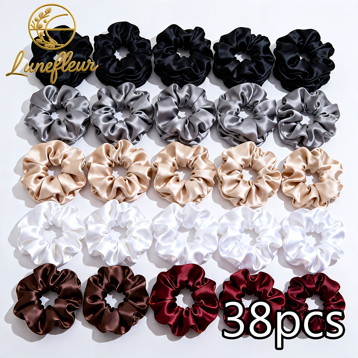 TEMU 38pcs Satin Scrunchies Set, Solid Color Hair Ties, Black/gray/white/burgundy/brown, Elegant Hair Accessories For Women, Valentine's