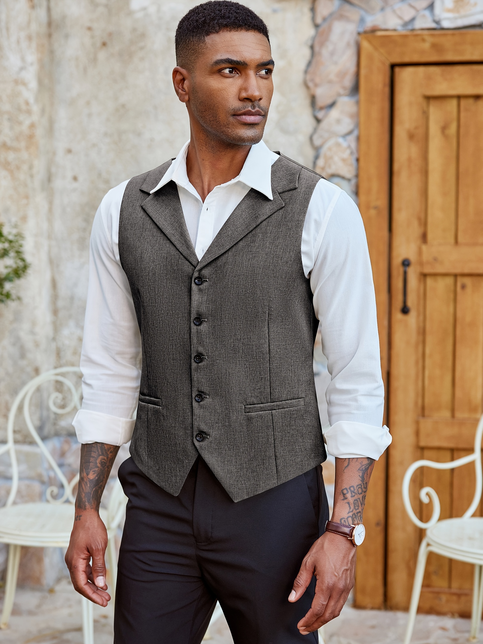 Dark Gray Mens Grey Dress Vest *'s Fit Vest With Notch Lapel