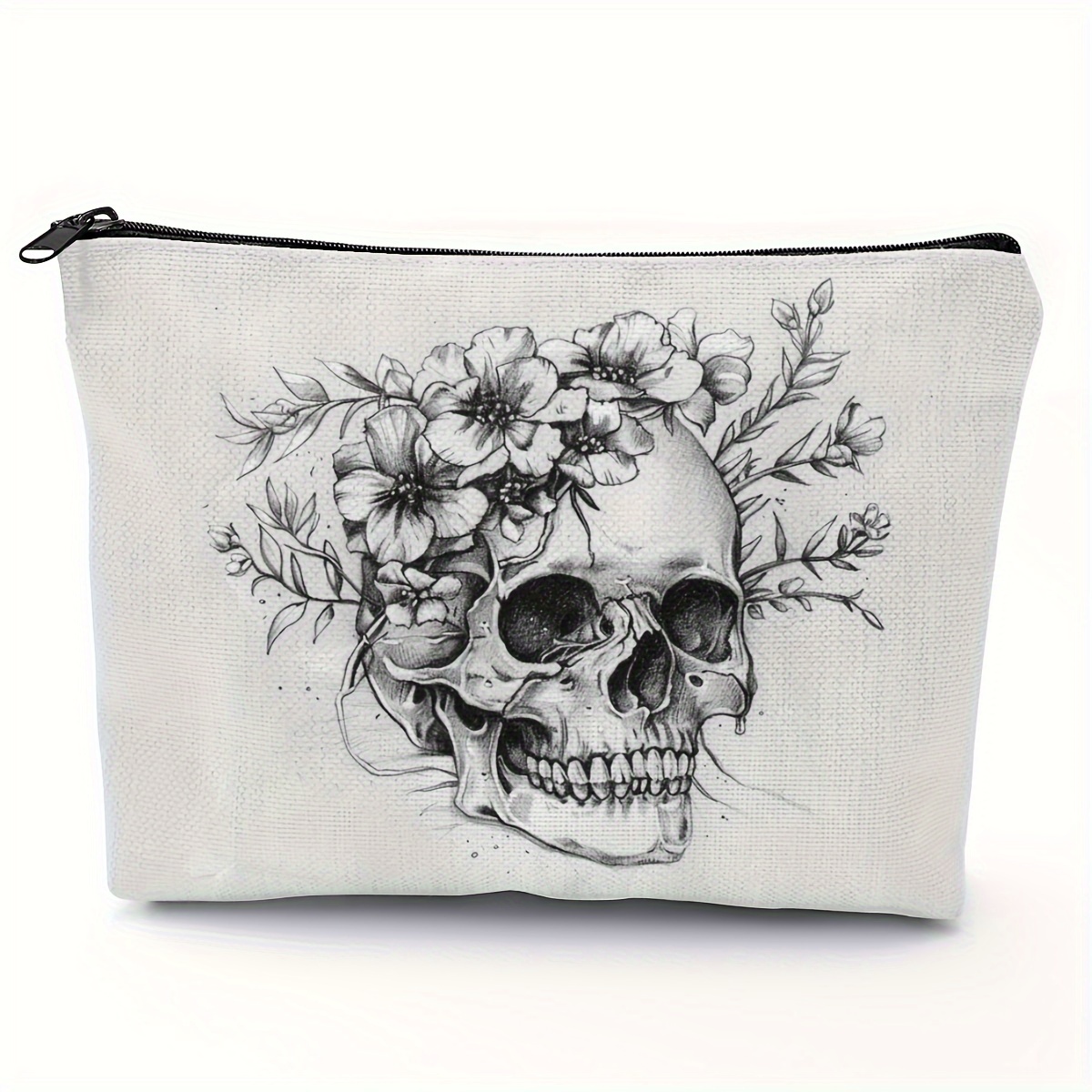 

Chic Skull Canvas Makeup Bag - Spacious Zippered Pouch For Travel & Toiletries, Ideal Gift For Women, 5.51x8.66 Inches