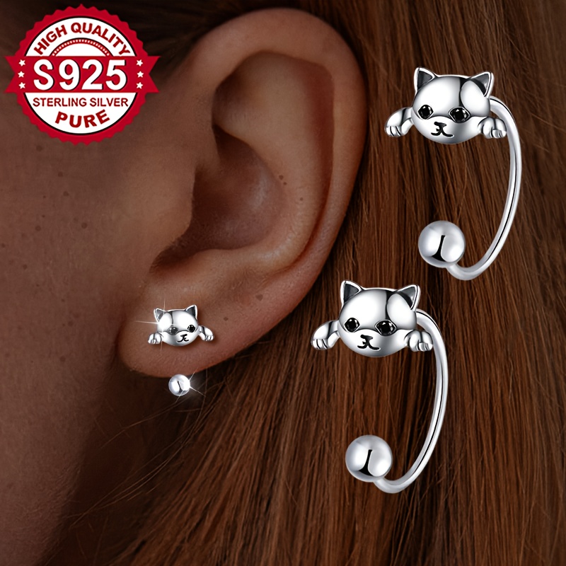 Women's S925 Sterling Silver Vintage Cat Screw Back Earrings
